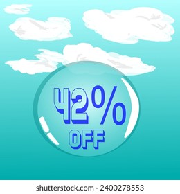 42% transparent soap bubble in blue sky for discount and promotion, blue and white colors