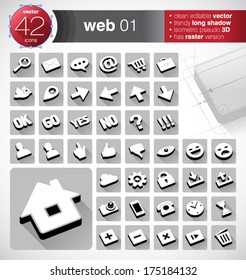 42 web icons set. Clean editable vector, trendy long shadow, isometric pseudo 3D, has raster version