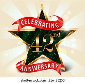 42 year anniversary celebration golden star ribbon, celebrating 42nd anniversary decorative golden invitation card - vector eps10