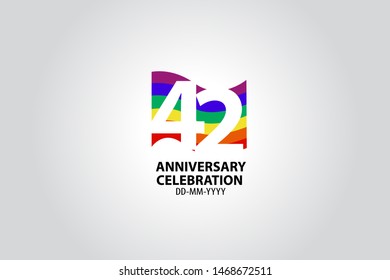 42 year anniversary celebration logotype with white number Emboss Style isolated on LGBT Colorful Flag on white grey background for invitation card, banner or flyer - vector