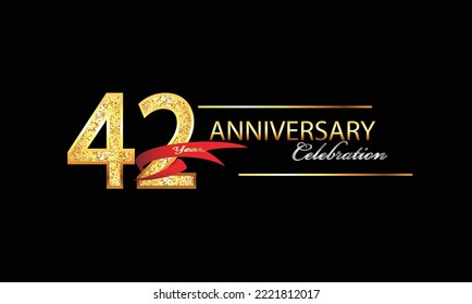 42 Year Anniversary celebration Vector Design. 42nd Anniversary celebration. Gold Luxury Banner of 42nd Anniversary celebration with red ribbon and glitter. Background celebration. Vector anniversary