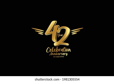 42 year anniversary gold colors on black background  with triple small stripes on left and right- vector 