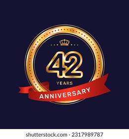 42 year anniversary logo with gold ring and red ribbon, vector template