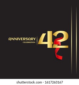 42 year anniversary logo template on black background. golden numbers with red ribbon vector