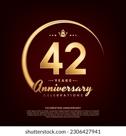 42 year anniversary template design with golden number and ring for birthday celebration event, invitation, banner poster, flyer, and greeting card, vector template