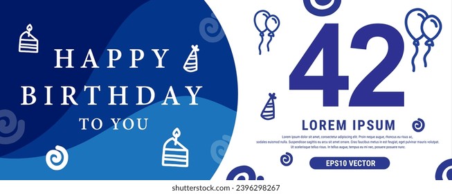 42 year celebration Creative Happy Birthday Text. Blue color decorative banner design, Vector illustration.