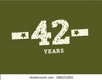 42 years anniversary with badge military, grunge pattern. Army design with star on green camouflage background. Vector perfect for any military labels, posters and armed force etc.