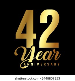 42 years anniversary or birthday card with golden color vector illustration.
