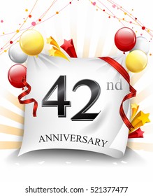 42 Years Anniversary Celebration Design on cloth, with star and balloons, Colorful Vector template elements for your birthday party.