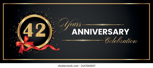 42 Years Anniversary Celebration Gold and Black Color Vector. anniversary celebration logotype with elegant modern number gold color for celebration, gold anniversary celebration, bow, ribbon, luxury.
