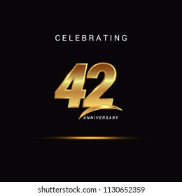42 Years anniversary celebration golden logotype with swoosh isolated on black background, vector illustration design for greeting card, company event, invitation card, birthday