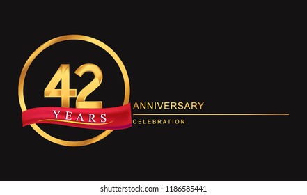42 years anniversary celebration with golden color and ring, red ribbon for anniversary celebration