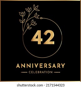 42 years anniversary celebration with golden floral frame isolated on black background. Creative design for happy birthday, wedding, ceremony, event party, marriage, and greeting card.