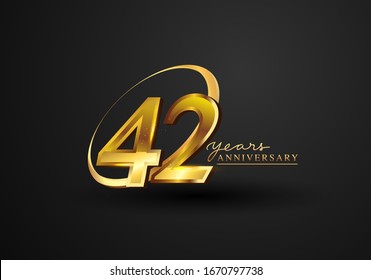 42 Years Anniversary Celebration. Anniversary logo with ring and elegance golden color isolated on black background, vector design for celebration, invitation card, and greeting card