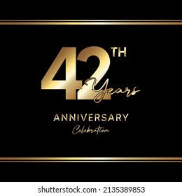 42 years anniversary celebration. Anniversary logo with golden color isolated on black background, vector design for celebration, invitation card, greeting card, and banner