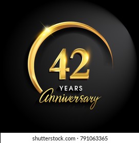 42 years anniversary celebration. Anniversary logo with ring and elegance golden color isolated on black background, vector design for celebration, invitation card, and greeting card