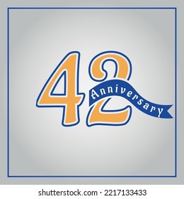 42 Years Anniversary celebration logotype colored with yellow and blue, using blue ribbon and isolated on gray background.