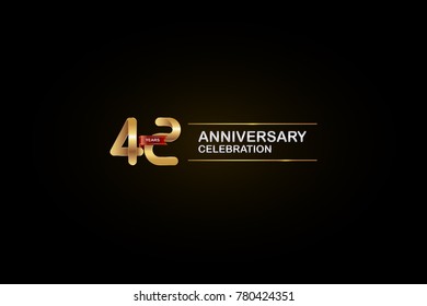 42 Years Anniversary Celebration Logotype with Golden, Silver and Red Ribbon Isolated on Black Background. Vector Design for Invitation Card, Greeting Card, Banner. 