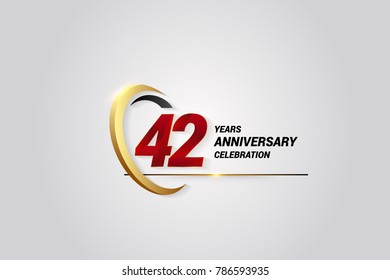 42 Years Anniversary Celebration Logotype. Red Elegant Vector Illustration with Gold Swoosh, Isolated on Black Background can be use for Celebration, Invitation, and Greeting card