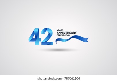 42 Years Anniversary celebration logotype colored with shiny blue, using ribbon and isolated on white background