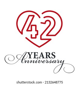42 years anniversary celebration number thirty bounded by a loving heart red modern love line design logo icon white background
