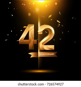 42 Years Anniversary with gold stylized number and confetti. Applicable for brochure, flyer, Posters, web and Banner Designs. Vector illustration.