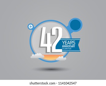 42 years anniversary illustration style with blue circle, orange fluid and cloud for party celebration event