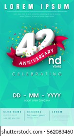 42 years anniversary invitation card or emblem - celebration template design , 42nd anniversary modern design elements with background polygon and pink ribbon - vector illustration