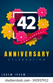 42 years anniversary invitation card - celebration template design , 42nd anniversary with flowers and modern design elements, dark blue background - vector illustration
