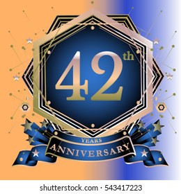42 years anniversary logo celebration with ring and ribbon. Symbol and template for greeting card