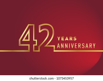 42 years anniversary logo, gold colored isolated with red background