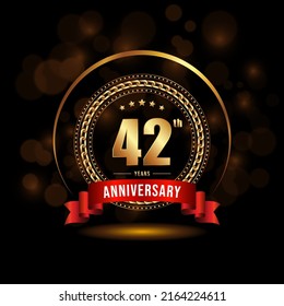 42 years anniversary logo with golden ring and ribbon for booklet, leaflet, magazine, brochure poster, banner, web, invitation or greeting card. Vector illustrations.