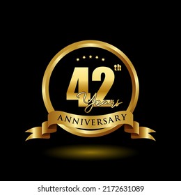 42 years anniversary logo with golden ring and ribbon for booklet, leaflet, magazine, brochure poster, banner, web, invitation or greeting card. Vector illustrations.