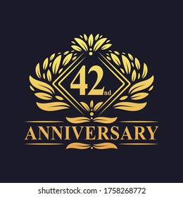 42 years Anniversary Logo, Luxury floral golden 42nd anniversary logo.