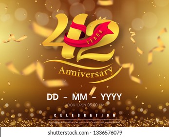 42 years anniversary logo template on gold background. 42nd celebrating golden numbers with red ribbon vector and confetti isolated design elements