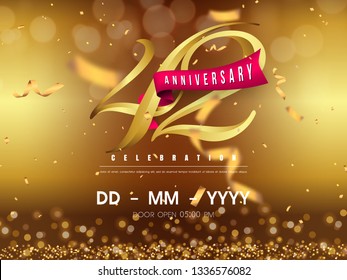 42 years anniversary logo template on gold background. 42nd celebrating golden numbers with red ribbon vector and confetti isolated design elements