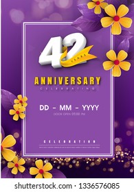 42 years anniversary logo template on golden flower and purple background. 42nd celebrating white numbers with gold ribbon vector and bokeh design elements, anniversary invitation template card design