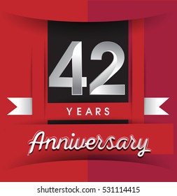 42 years anniversary logo with white ribbon isolated on red background, flat design style, Vector template elements for birthday celebration.