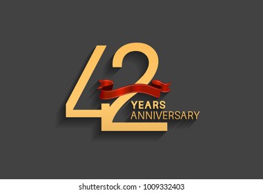 42 years anniversary logotype with red ribbon and golden color for celebration event