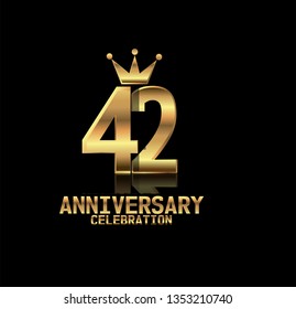 42 years anniversary simple design with golden font and crown with reflection golden number. Elegant, simple, and luxury design. Design with shadow or reflection under number