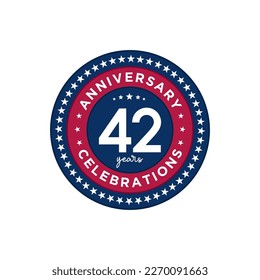 42 years anniversary. Anniversary template design, red and blue colors with stars, design for event, invitation card, greeting card, banner, poster, flyer, book cover and print. Vector Eps10