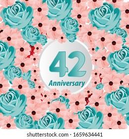 42 años de aniversario. Tarjeta de saludo decorativa floral para celebración