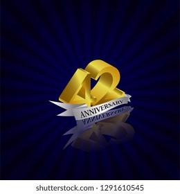 42 years anniversary Vector Template Design with golden color and silver ribbon isolated on blue sunburst background illustration for celebration event - Vector