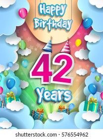 42 Years Birthday Celebration Design for greeting cards and poster, with clouds and gift box, balloons. design template for birthday celebration.