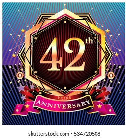 42 years golden anniversary logo celebration with ring and ribbon.
