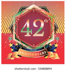 42 years golden anniversary logo celebration with ring and ribbon.