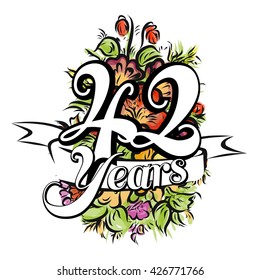 42 Years with nice bouquet of flowers, Greeting Card Design, Vector Hand Drawn Artwork