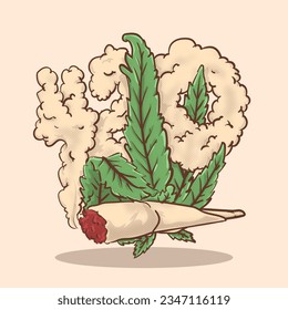 420 cloud from cannabis cigarettes hold by flying ganja hand. retro mascot concept vector illustration