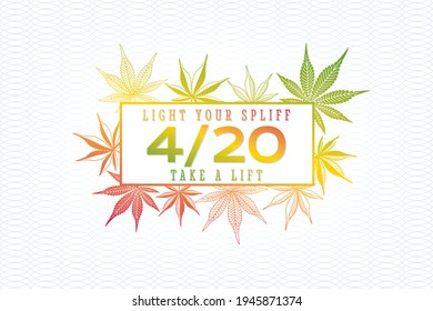 420 Concepto creativo con marihuana o canabis deja logotipo numérico y enciende tu esplifón toma una carta de elevación - verde rojo y amarillo sobre fondo blanco - diseño de mano vectorial