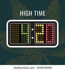 420 Creative Concept as Small Marijuana or Cannabis Leaves on Time Display Lamps of Sport Digital Scoreboard Clock - Rastafarian Multicolor on Dark Turquoise Background - Vector Flat Graphic Design